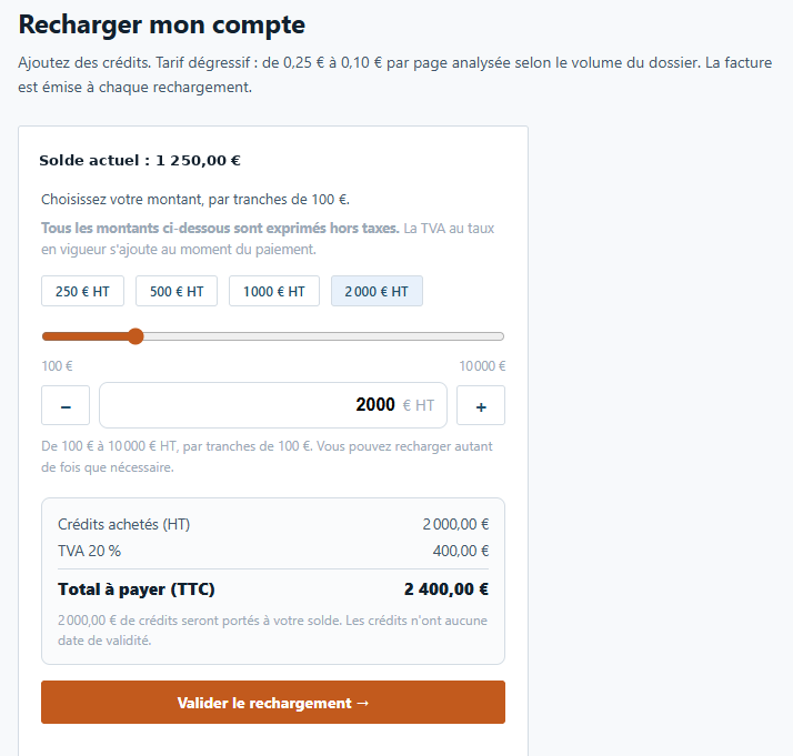 Écran de rechargement du compte, avec 2 000 € saisis